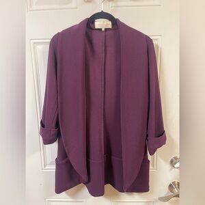 French Mauve Blazer - Open Front Quarter Sleeve Blazer Purple Roll Sleeve Pocket